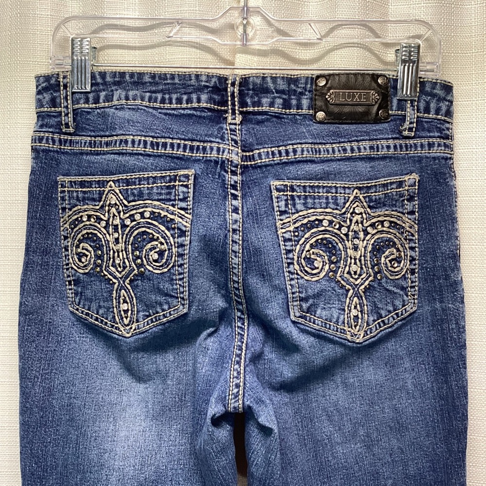TRU LUXE Women Bootcut Jeans Size 29/8 Medium Wash Embellished Pocket Y2K Vtg